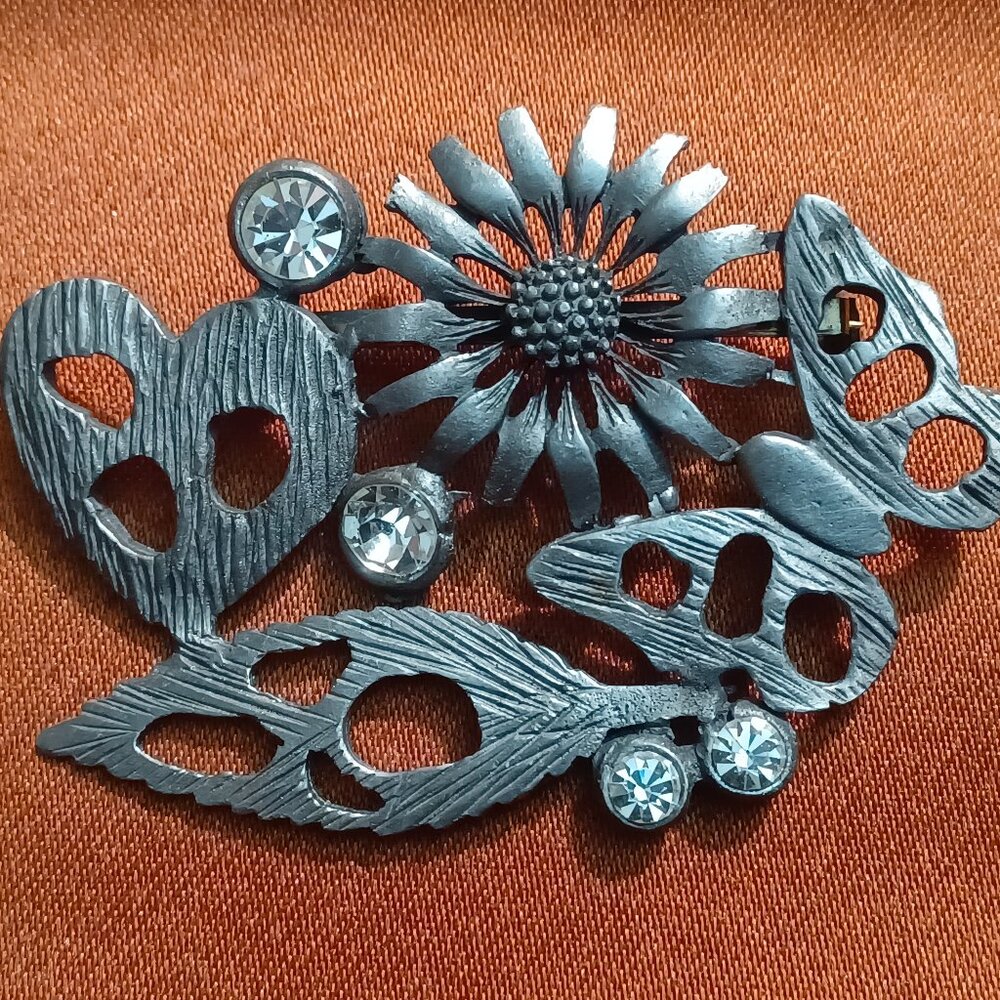 Vintage Style Floral Butterfly Heart Brooch Matte Silver Tone Rhinestone Pin